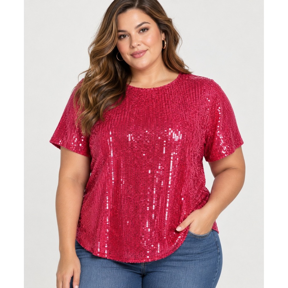 Torrid Sequin Blouse Women 1X (14/16) Pink Red Party Sparkle Short Sleeve Top